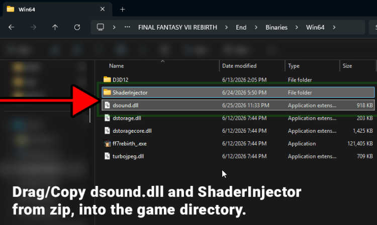 Archivos de Shader Injector instalados en Final Fantasy VII Rebirth