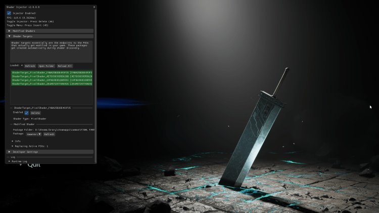 Menú Shader Targets de Shader Injector en Final Fantasy VII Rebirth
