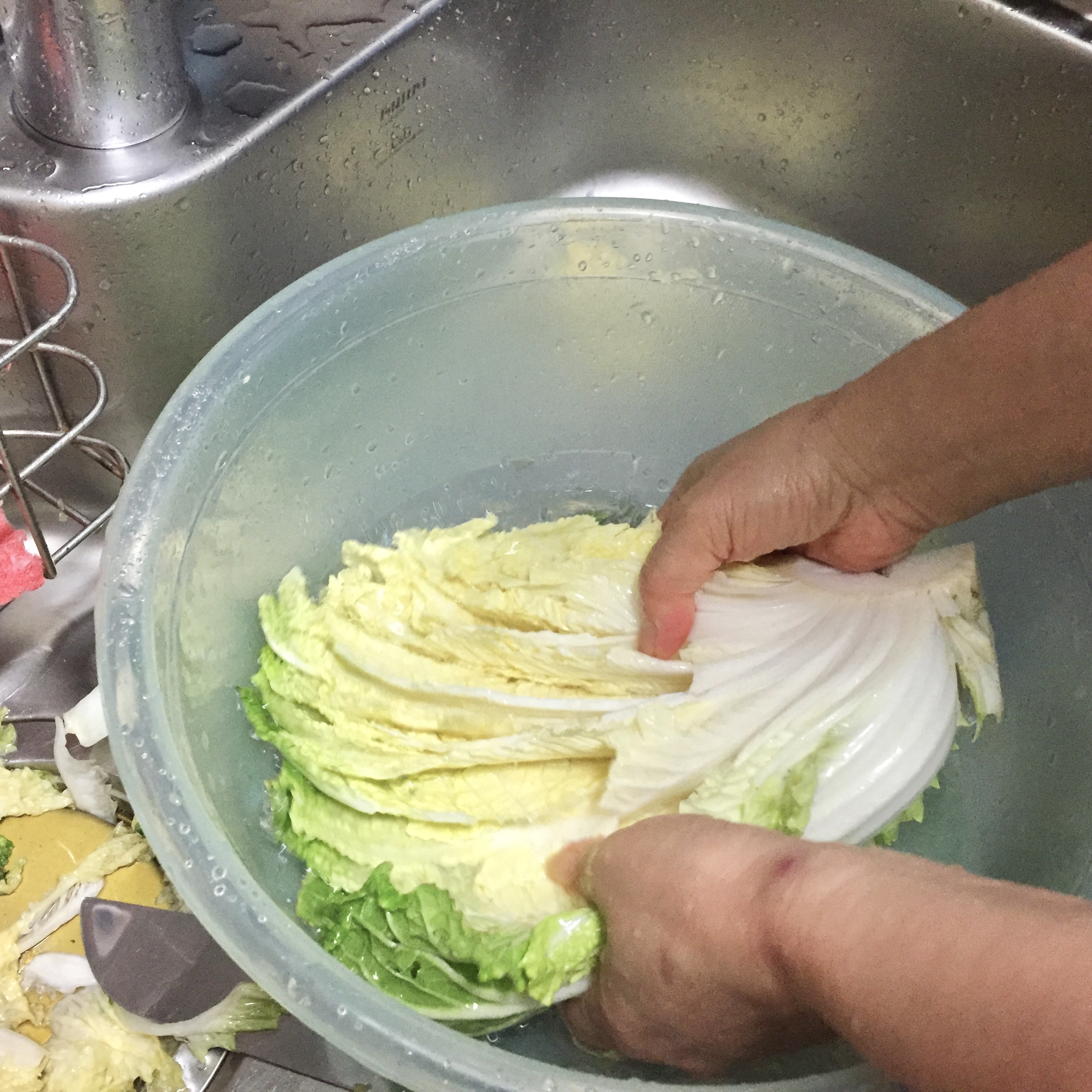 3. Immerse half-head of napa cabbage in salt water.