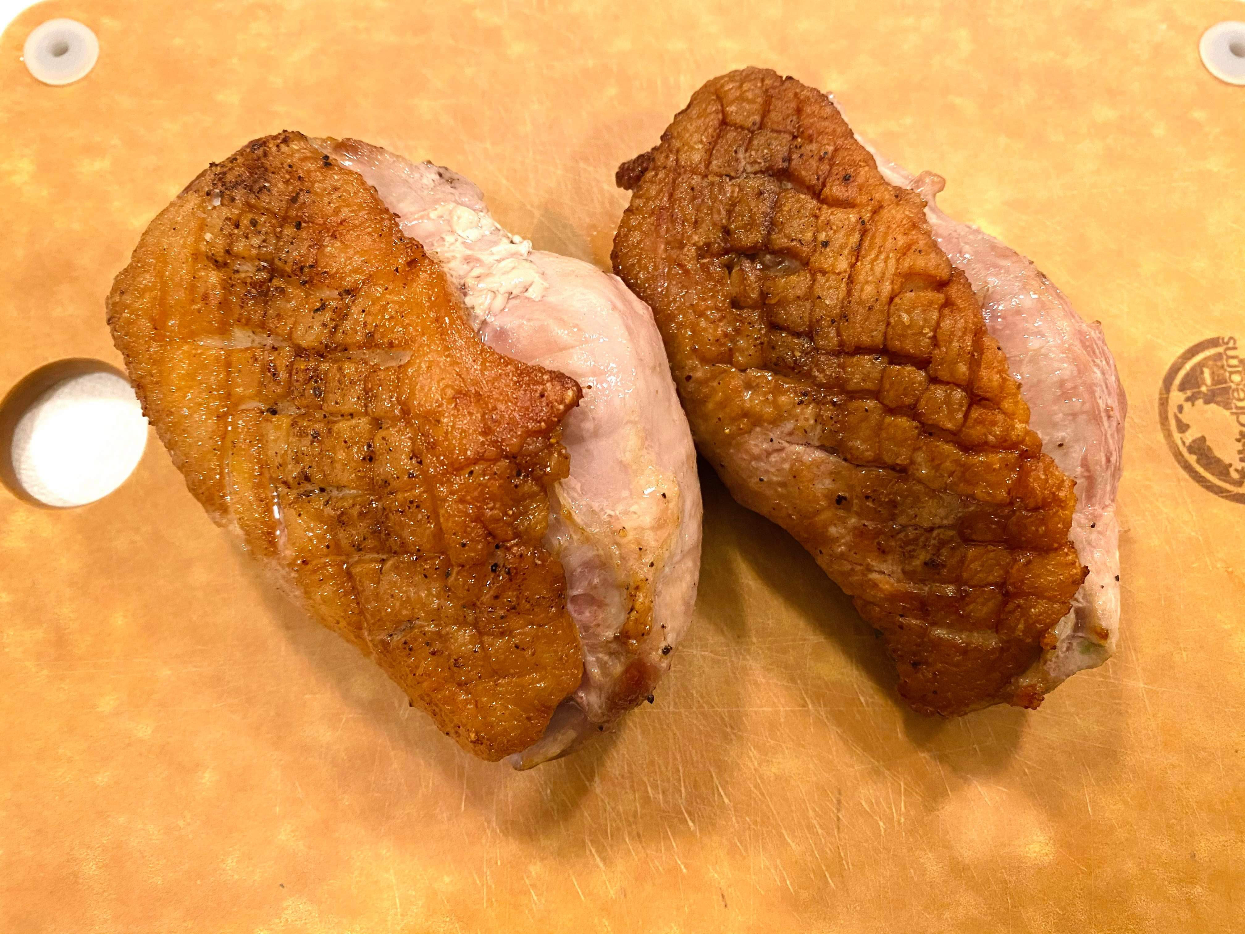 Breasts cooked, crispy-ish skin (not as crispy as I thought it would be).