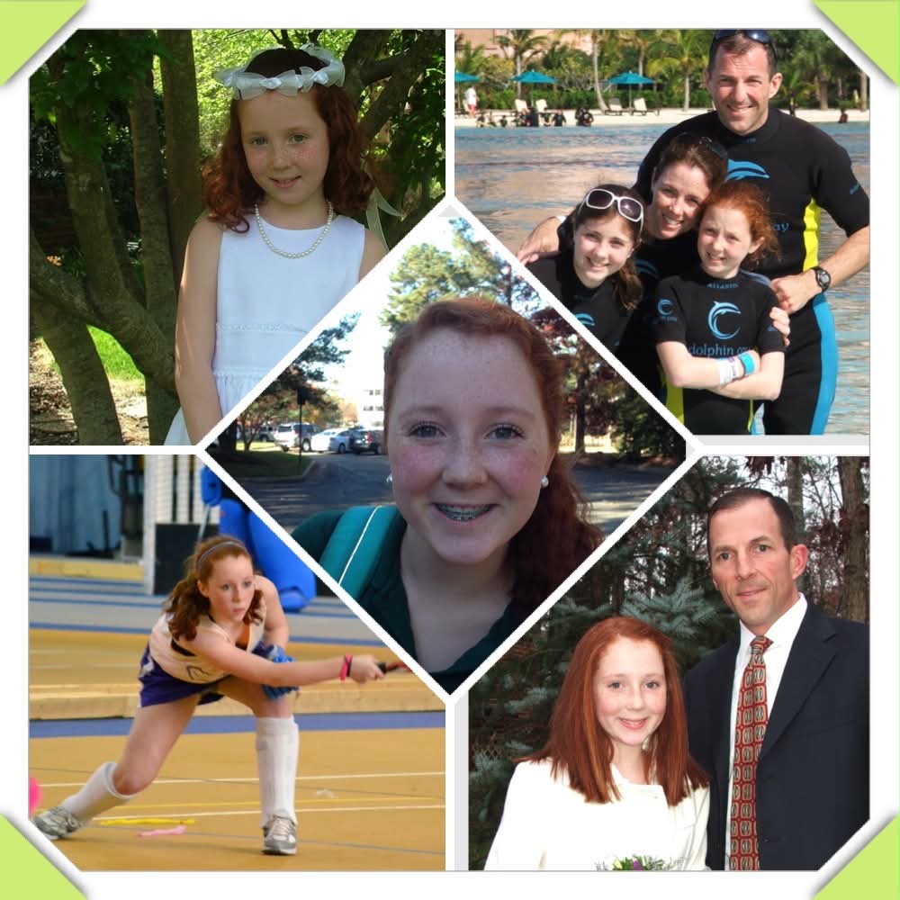 A collection of five images of a young girl and her family, arranged around a center photo shaped like a diamond, featuring the girl.