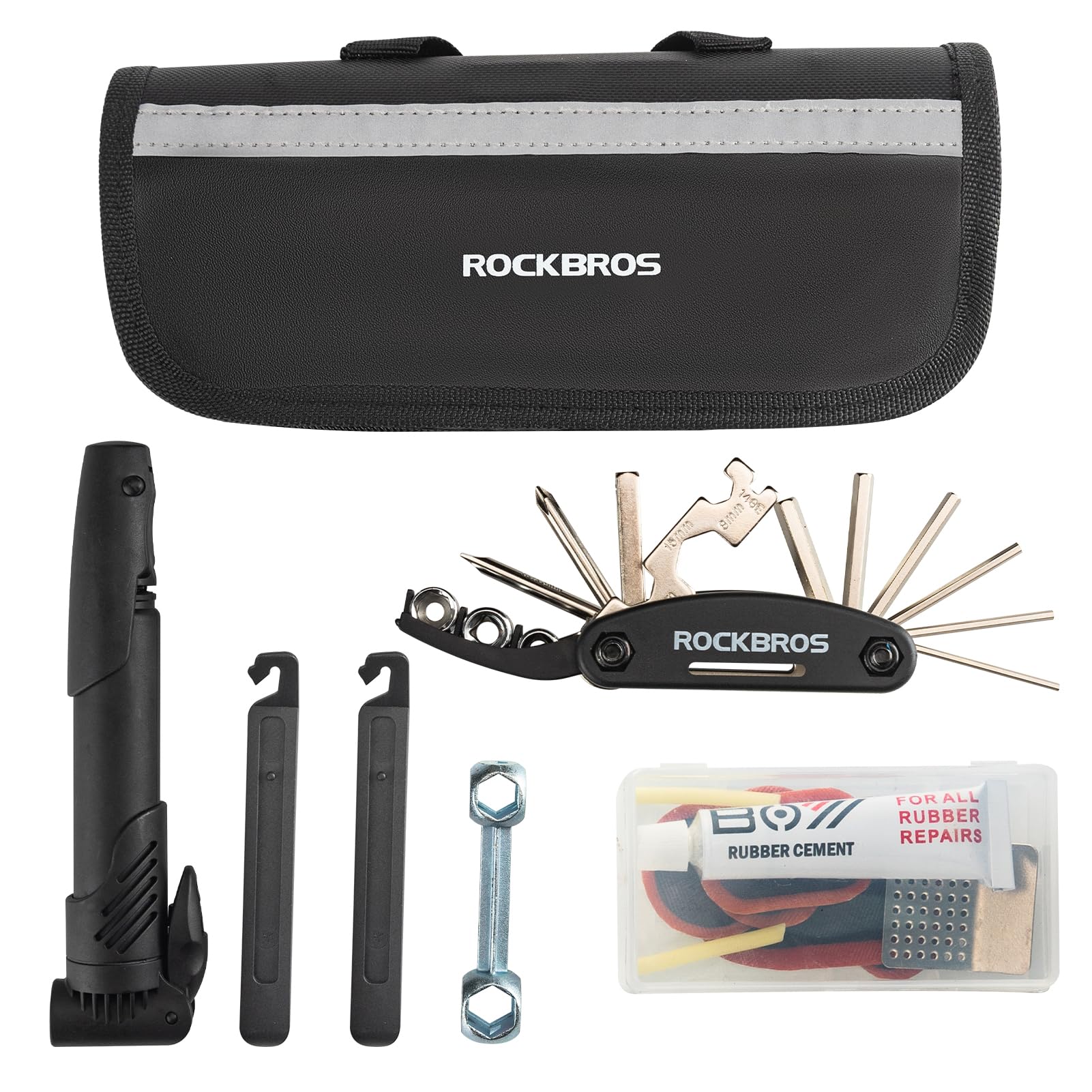 Bike Tool Kit with Tire Pump, Multi-Function Tool, Patches, Portable Repair Bag 