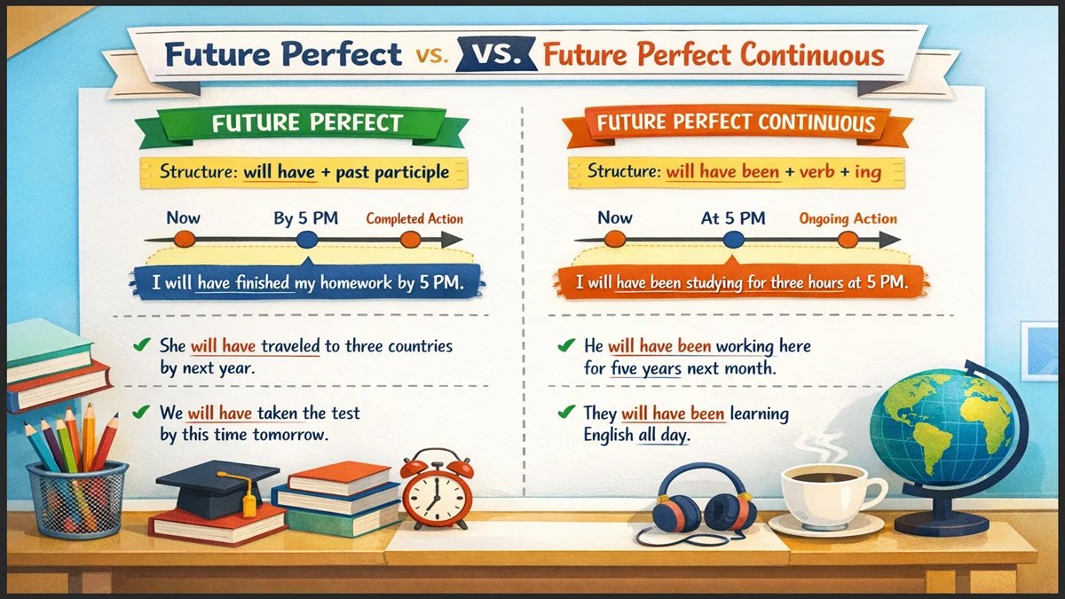 Future Perfect vs Future Perfect Continuous Examples