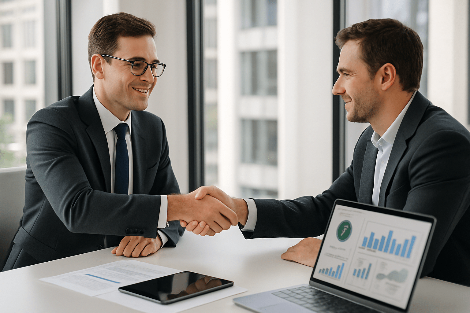 Client First - two business people shaking hands in agreement - Glan Consulting