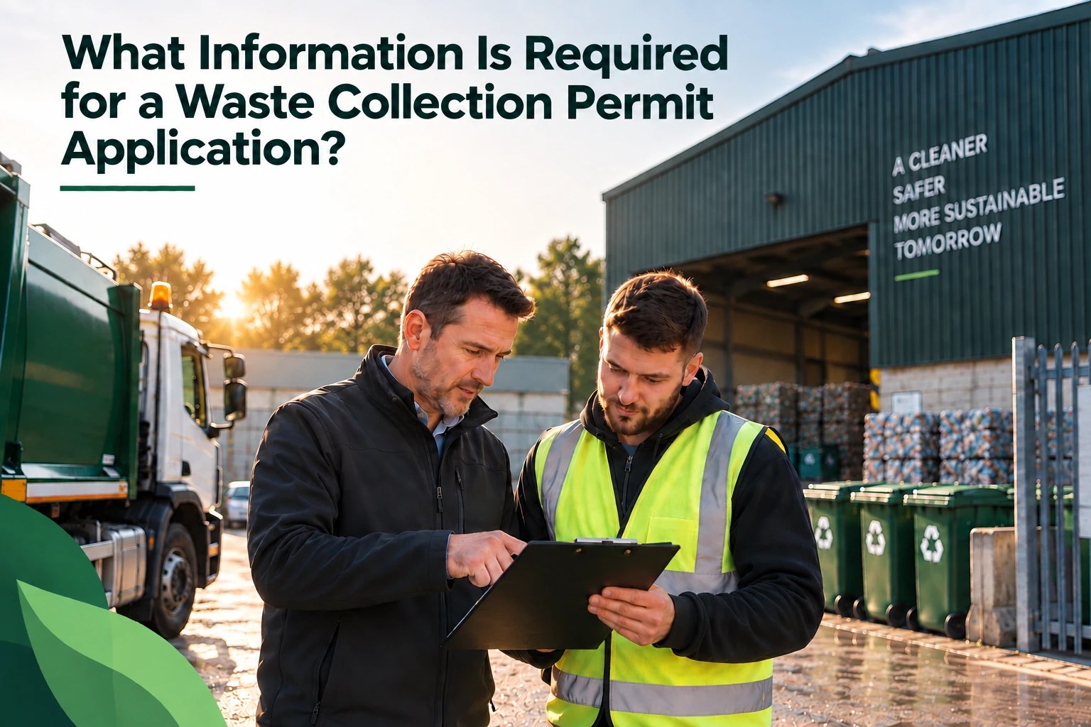 Business owner and employee reviewing information for a Waste Collection Permit application at a waste collection facility in Ireland.
