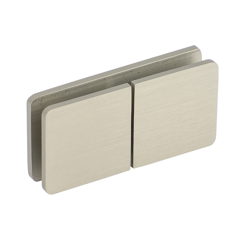 The Glass-to-Glass 180 Degree Clamp (Split Face) in Brushed Nickel.