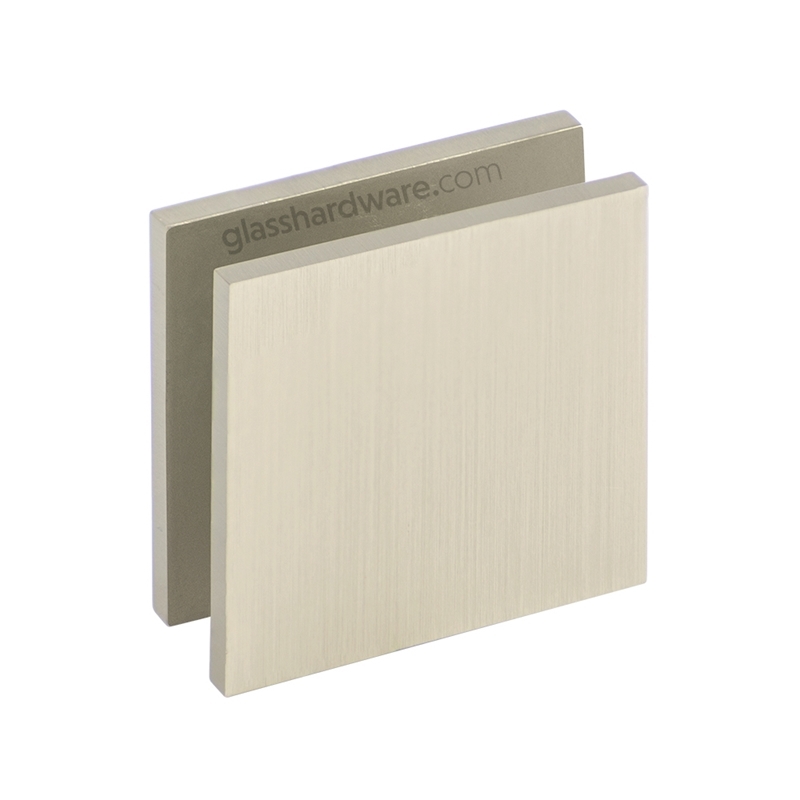 The Wall-to-Glass Square Edge Clamp in Brushed Nickel.