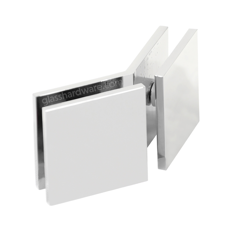 The Glass-to-Glass 135 Degree Square Edge Clamp (Split Face) in Chrome Polished.