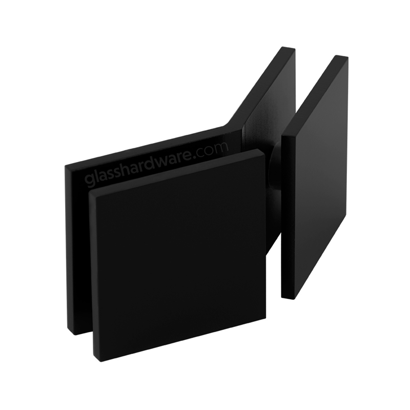 The Glass-to-Glass 135 Degree Square Edge Clamp (Split Face) in Matte Black.