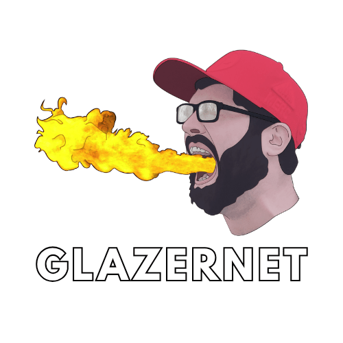 Illustrated logo of a bearded man in glasses and a red cap breathing fire, with the word “GLAZERNET” in bold white letters below.