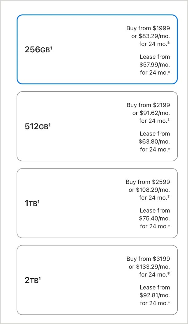 Step 2: the four storage choices with buy, monthly and lease prices