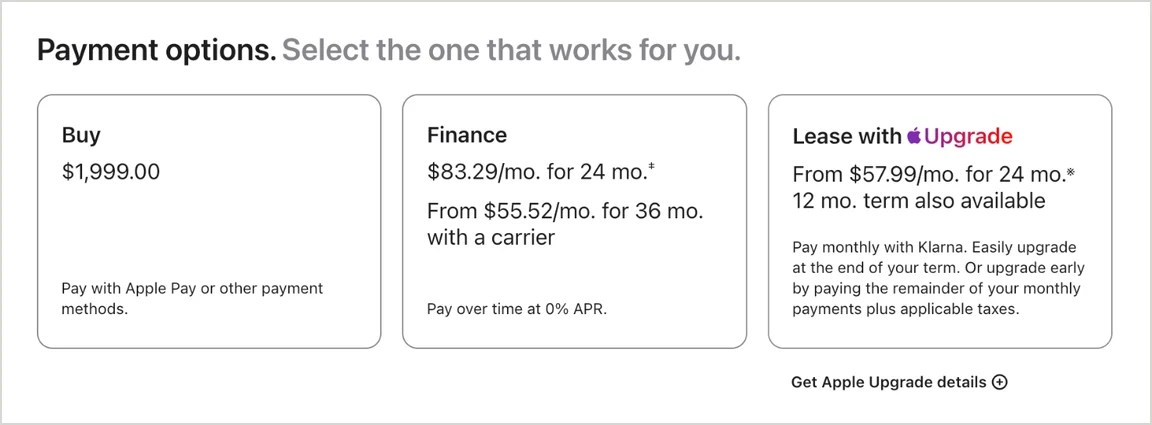 Step 4: payment options Buy, Finance and Lease with Apple Upgrade