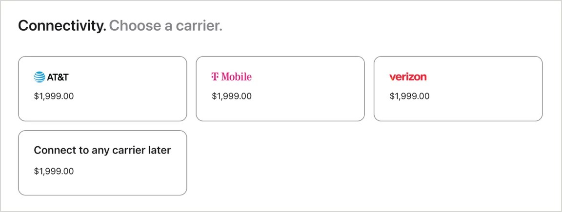 Step 5: choosing AT&T, T-Mobile, Verizon or Connect to any carrier later