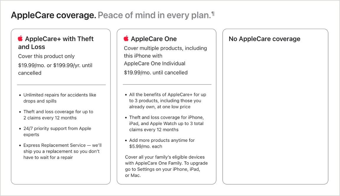 Step 6: AppleCare+ with Theft and Loss, AppleCare One, or No AppleCare coverage