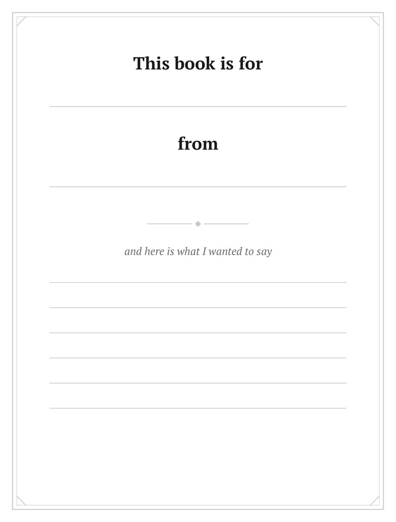 The "This book is for / from" note page at the front of Dear Mom, Read Between the Lines