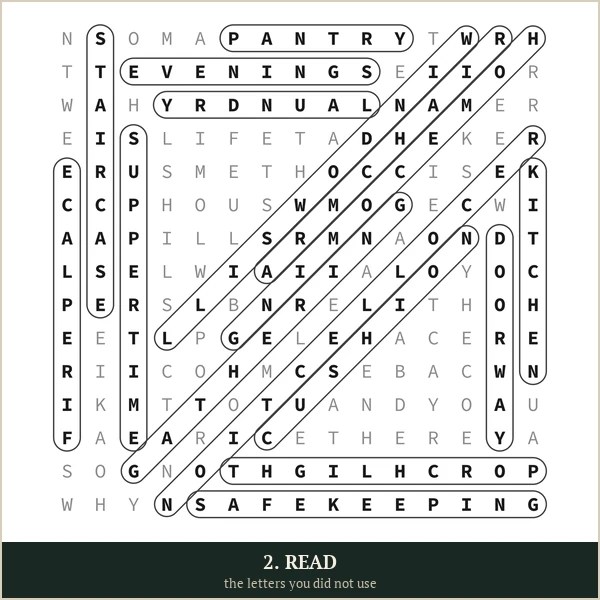 The solved grid on the back of Puzzle 1, with each listed word outlined and the leftover letters standing clear