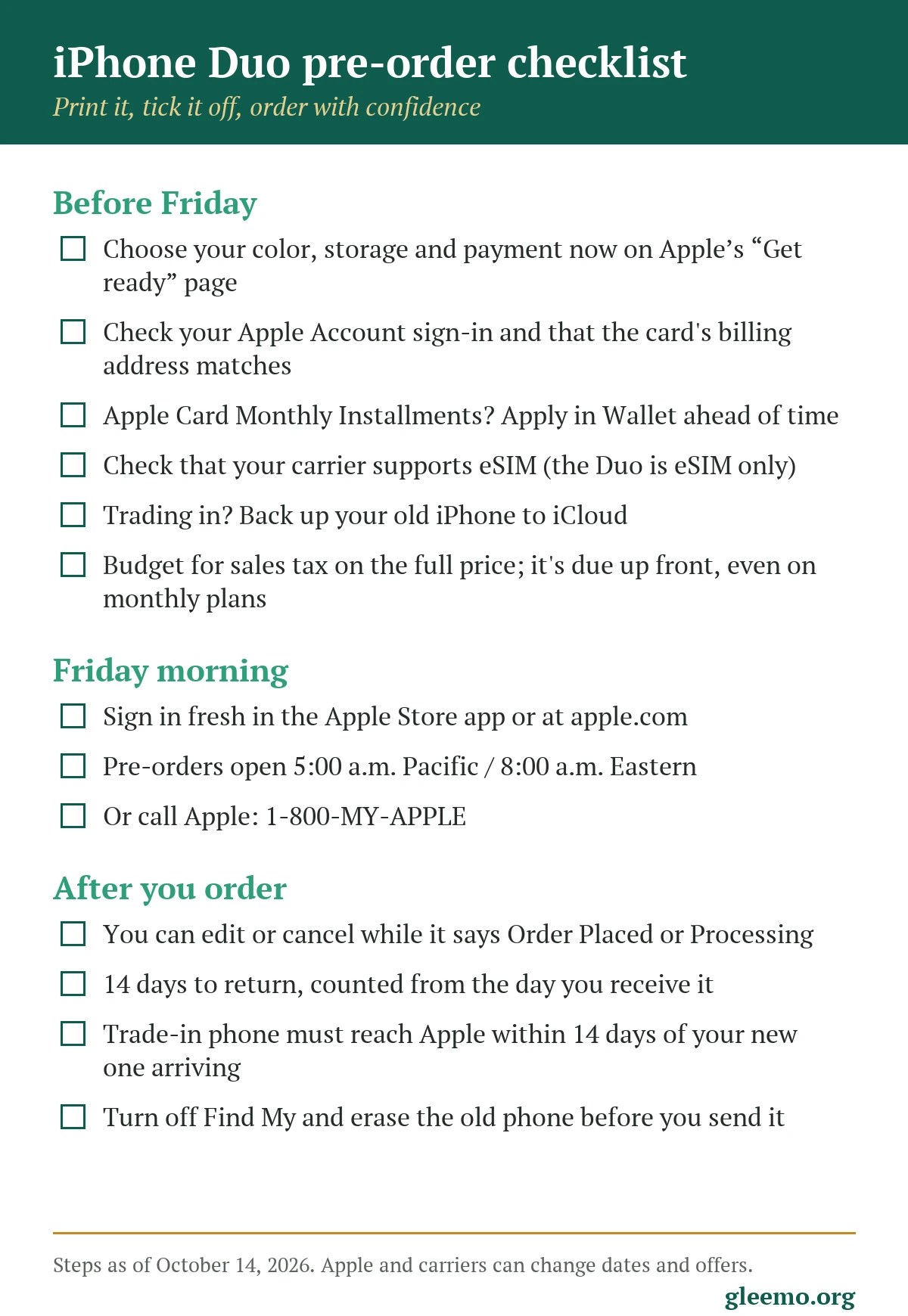 Printable Friday checklist for the iPhone Duo pre-order: Apple Account, card, carrier login, old phone details, delivery address and choices