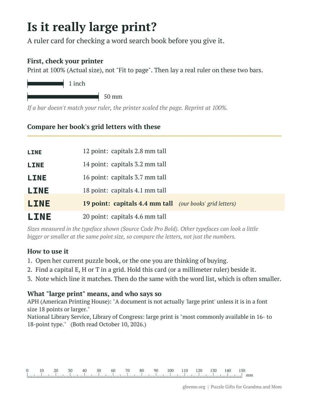 Printable ruler card for checking whether a word search book is really large print