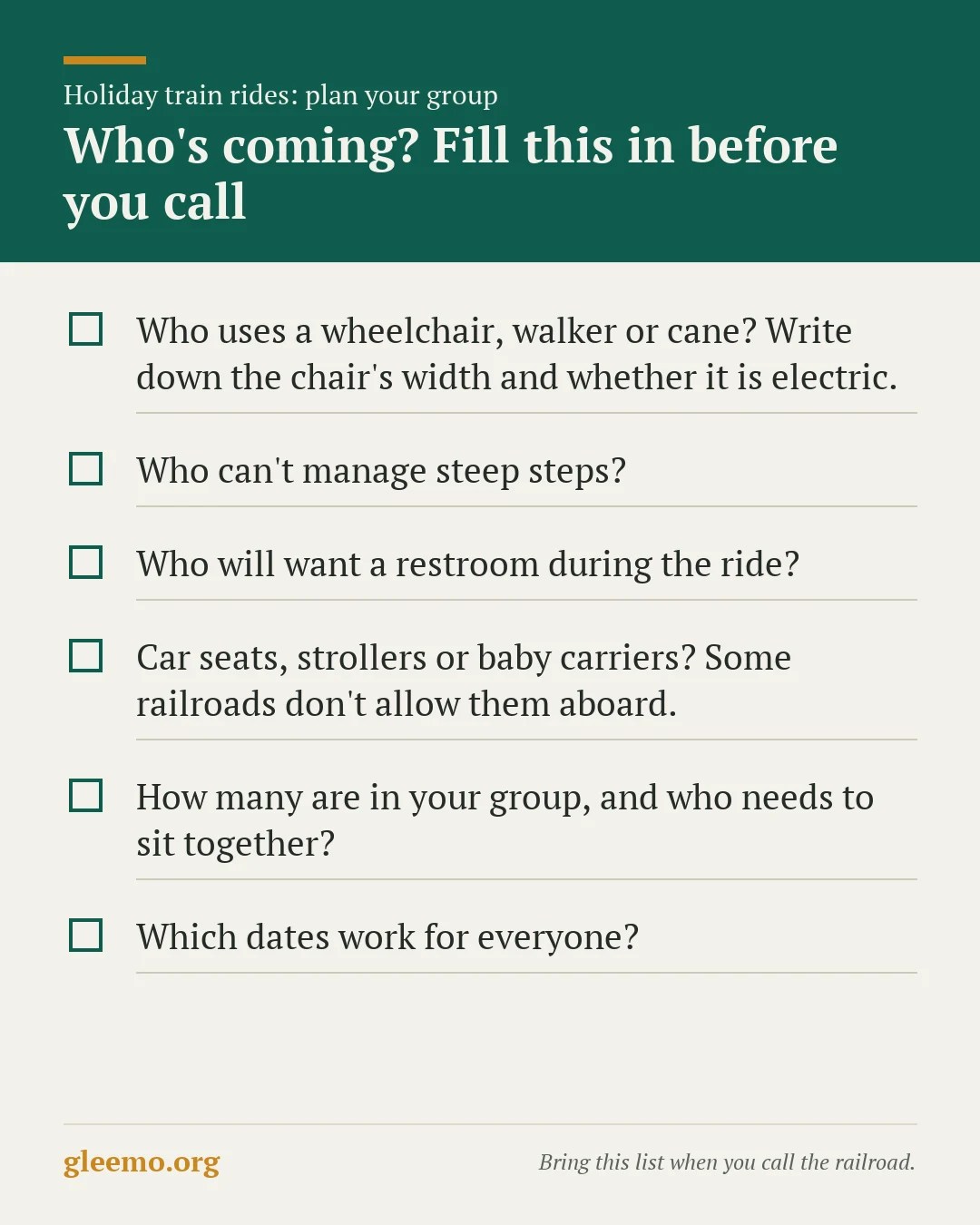 Planning checklist for a holiday train outing: wheelchair or walker, steep steps, restroom, car seats and strollers, group size and dates
