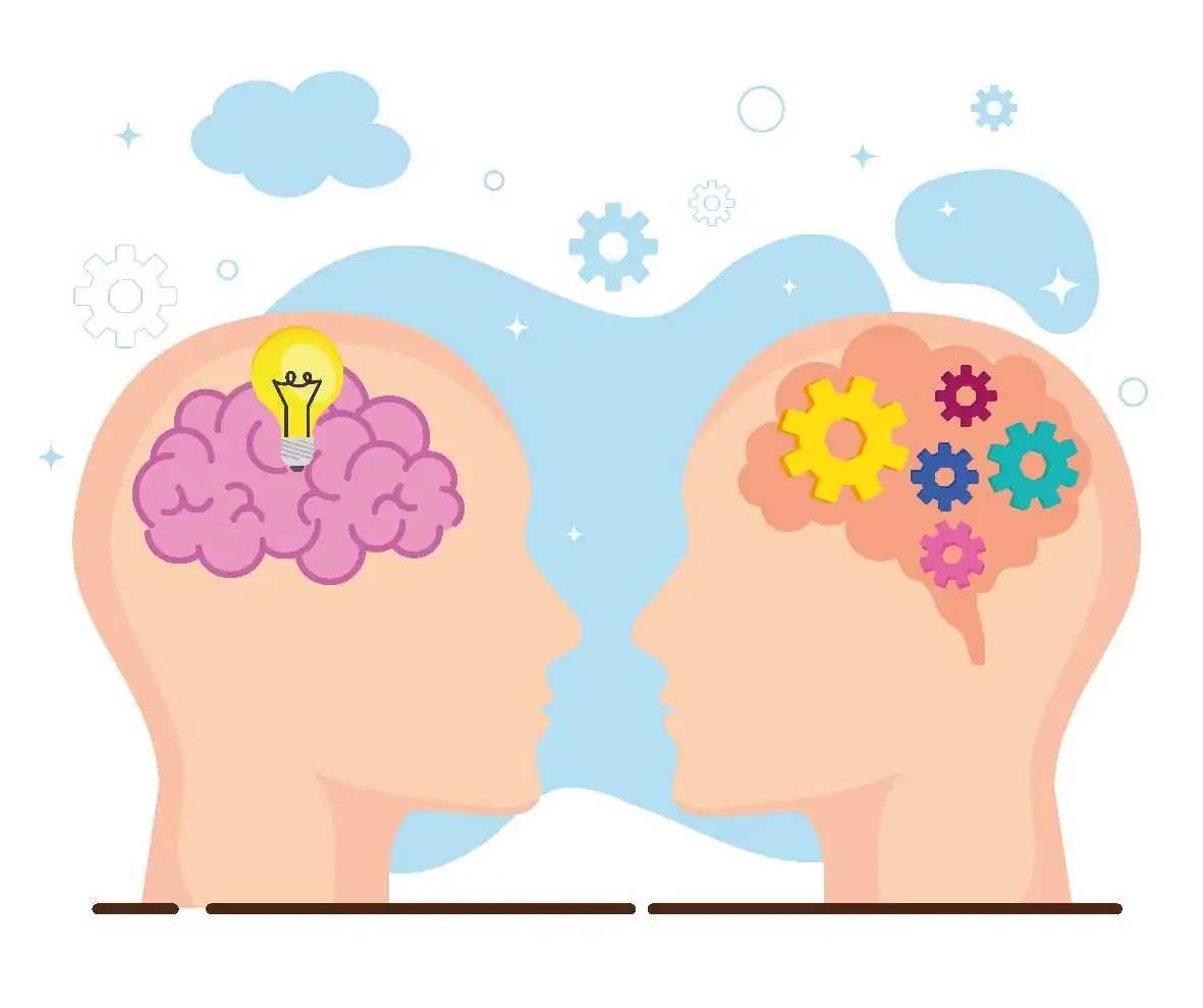A colorful drawing of two heads facing each other, in one the brain shows with ideas, the other has gears.