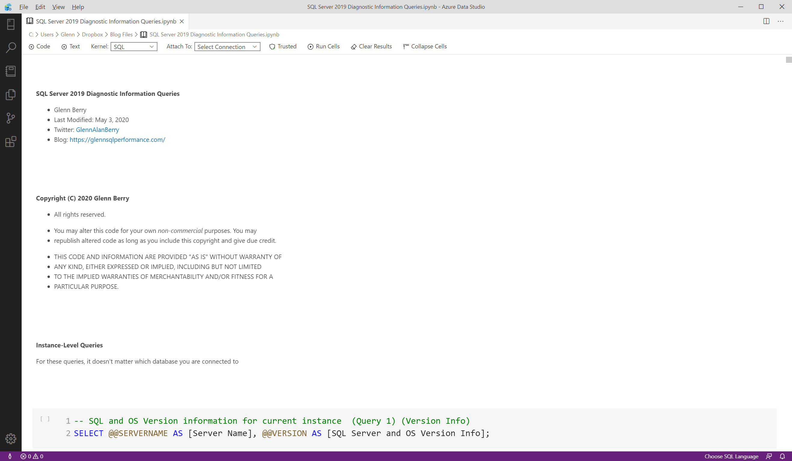 SQL Server 2019 Diagnostic Information Queries Juypter Notebook