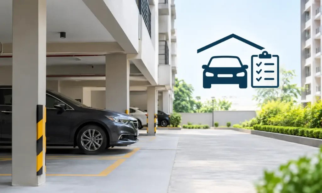 Modern Parking Garage with Checklist Icon