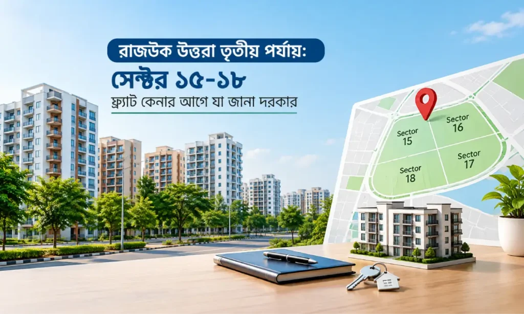 রাজউক উত্তরা তৃতীয় পর্যায়ের সেক্টর ১৫–১৮ এলাকার আধুনিক আবাসিক ভবন, সেক্টরভিত্তিক মানচিত্র ও ফ্ল্যাট কেনার প্রতীকী চাবি।