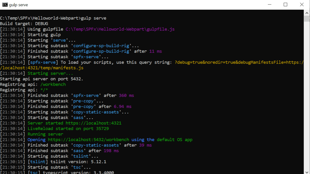 Instantly develop your first hello world web part in SharePoint framework (SPFx) - Office 365 9 Gulp serve command execution successful status
