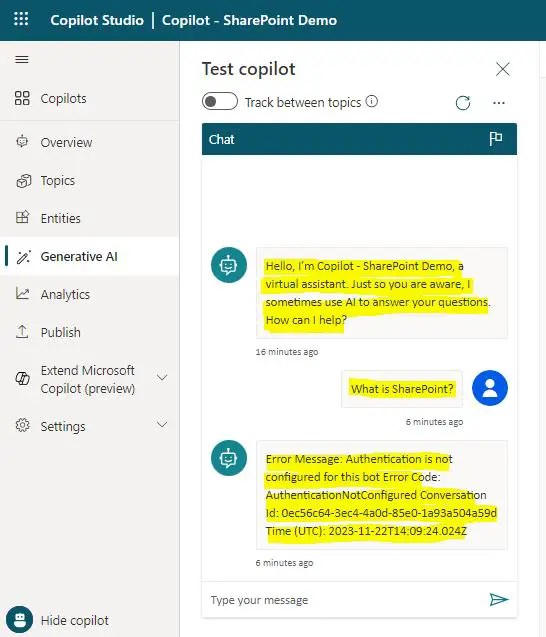 Microsoft Copilot Studio: How to Get Started Step by Step 18 Error Message: Authentication is not configured for this bot