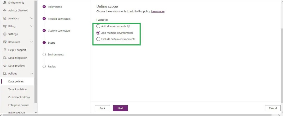Create DLP Policy in Office 365 for Power Power Platform: How to Create Data Loss Prevention (DLP)? 14 Define scope in Power Platform DLP policy deployment