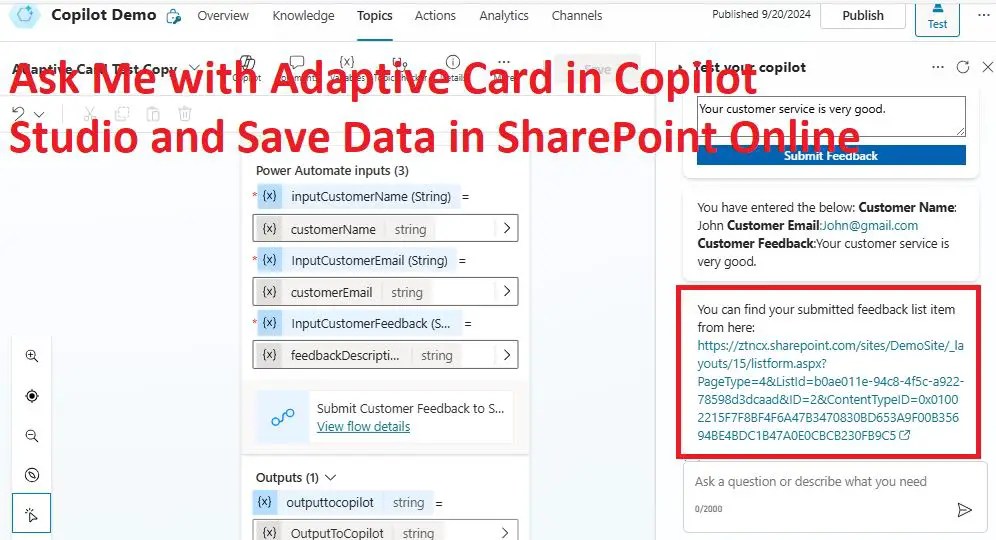 Ask Me with Adaptive Card in Copilot Studio and Save Data in SharePoint Online