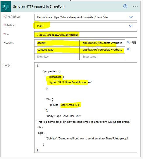 Send email using SharePoint utility REST API