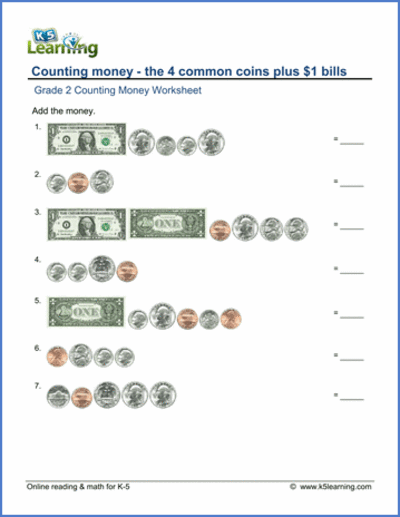 2nd grade math worksheets counting money k5 learning