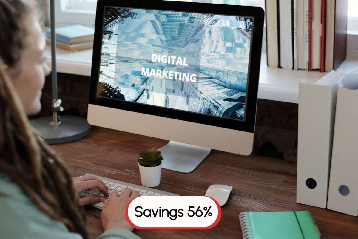 A desktop with the screen displaying digital matketing