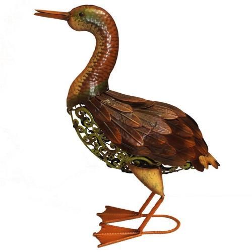 Rustic Brown and Yellow Metal Duck Statue, 20.25" × 12.5" × 4.25″