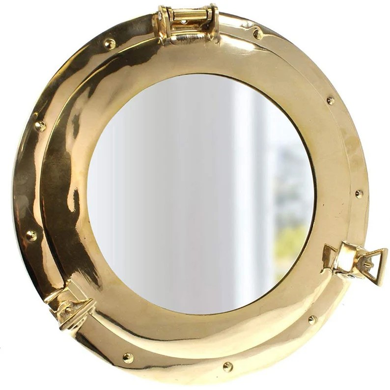 Gold Finish Solid Brass Porthole Mirror, 9.25D″