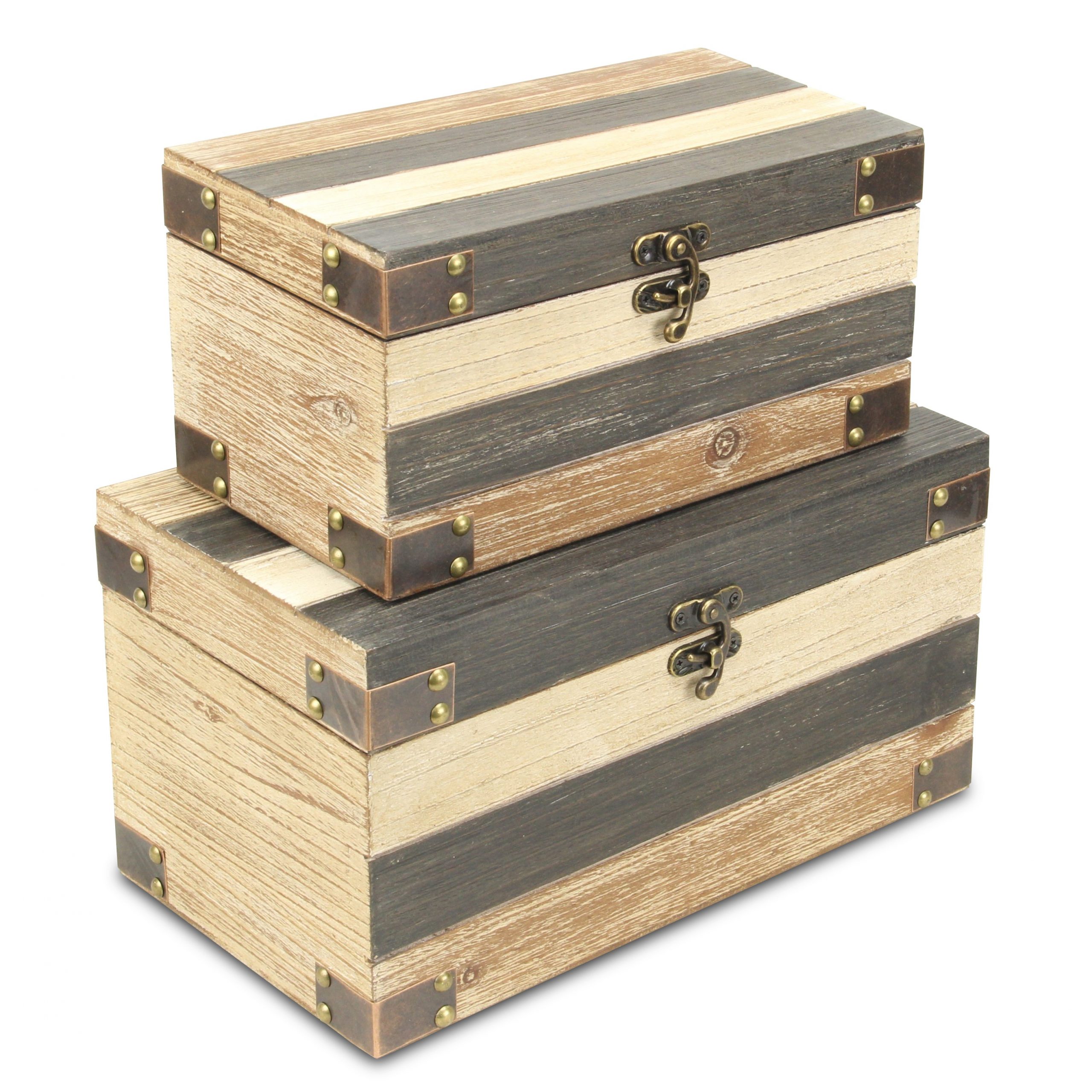 Ivory, Brown, And Gray Wooden Storage Box with Metal Studs (Set of 2), 13", 11″