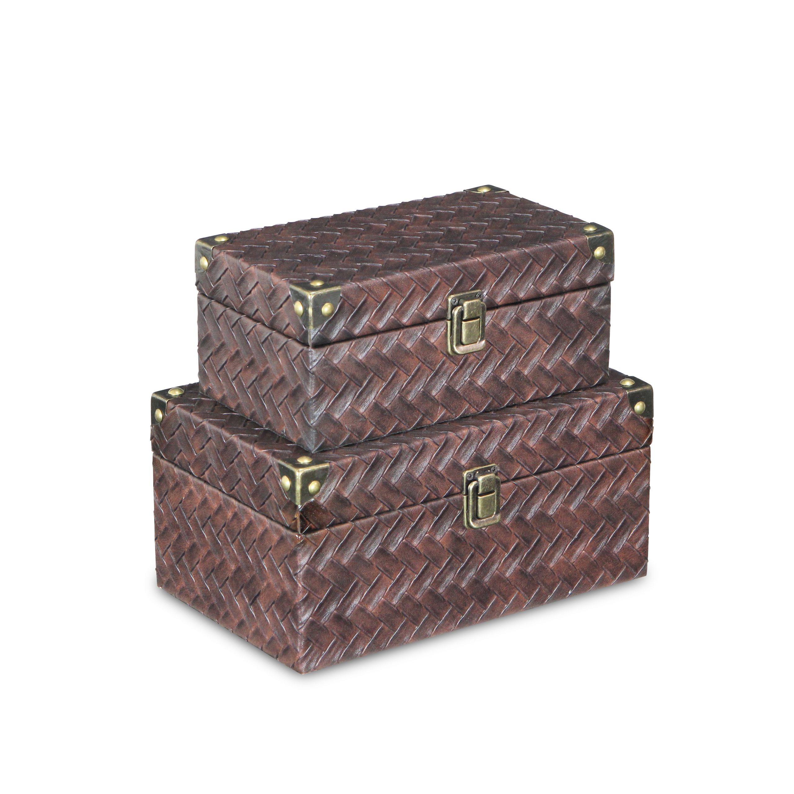Brown Wooden Woven Leather Box (Set of 2), 10", 9″