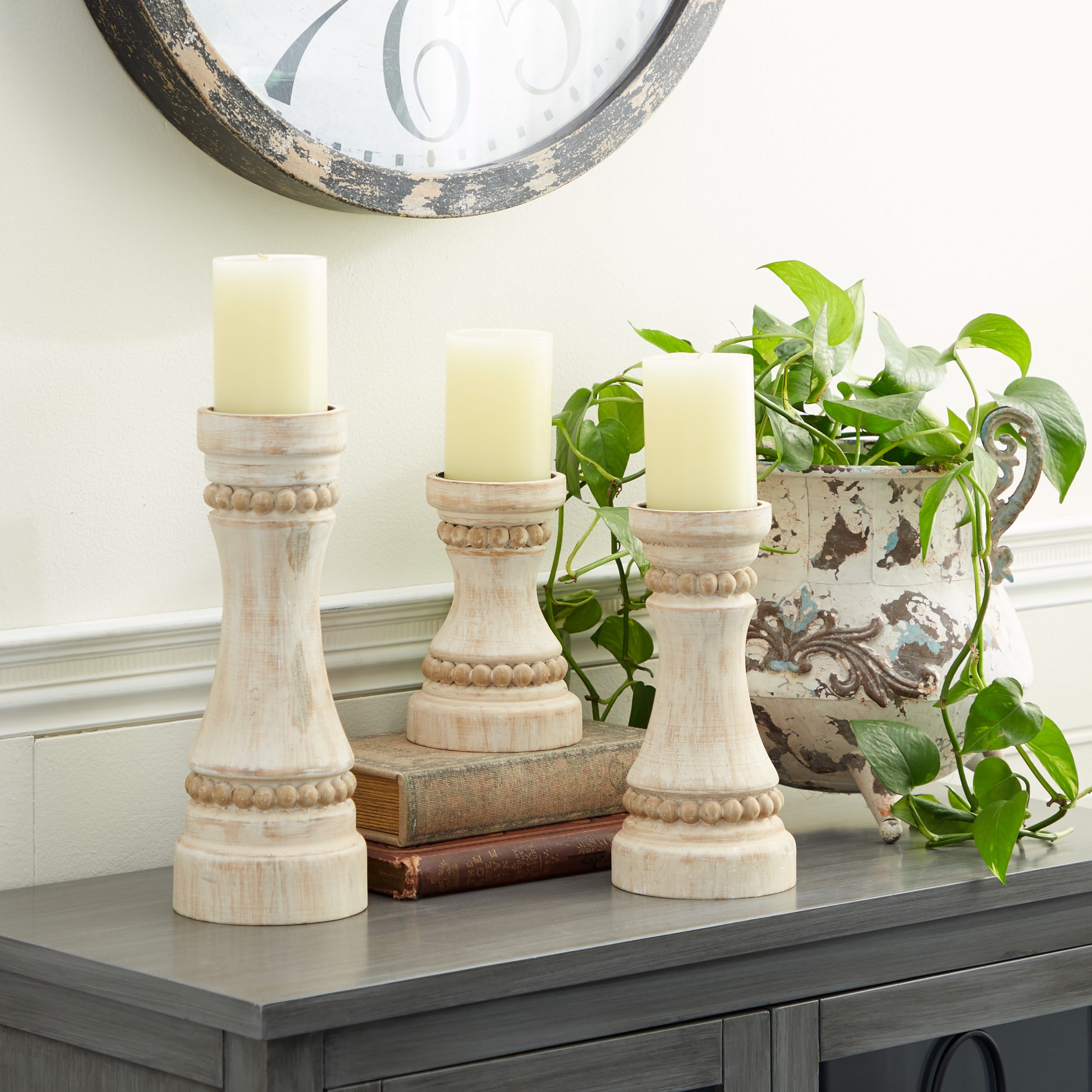 Light Brown Wood Beaded Pillar Candle Holder (Set of 3), 12″, 9″, 7″H