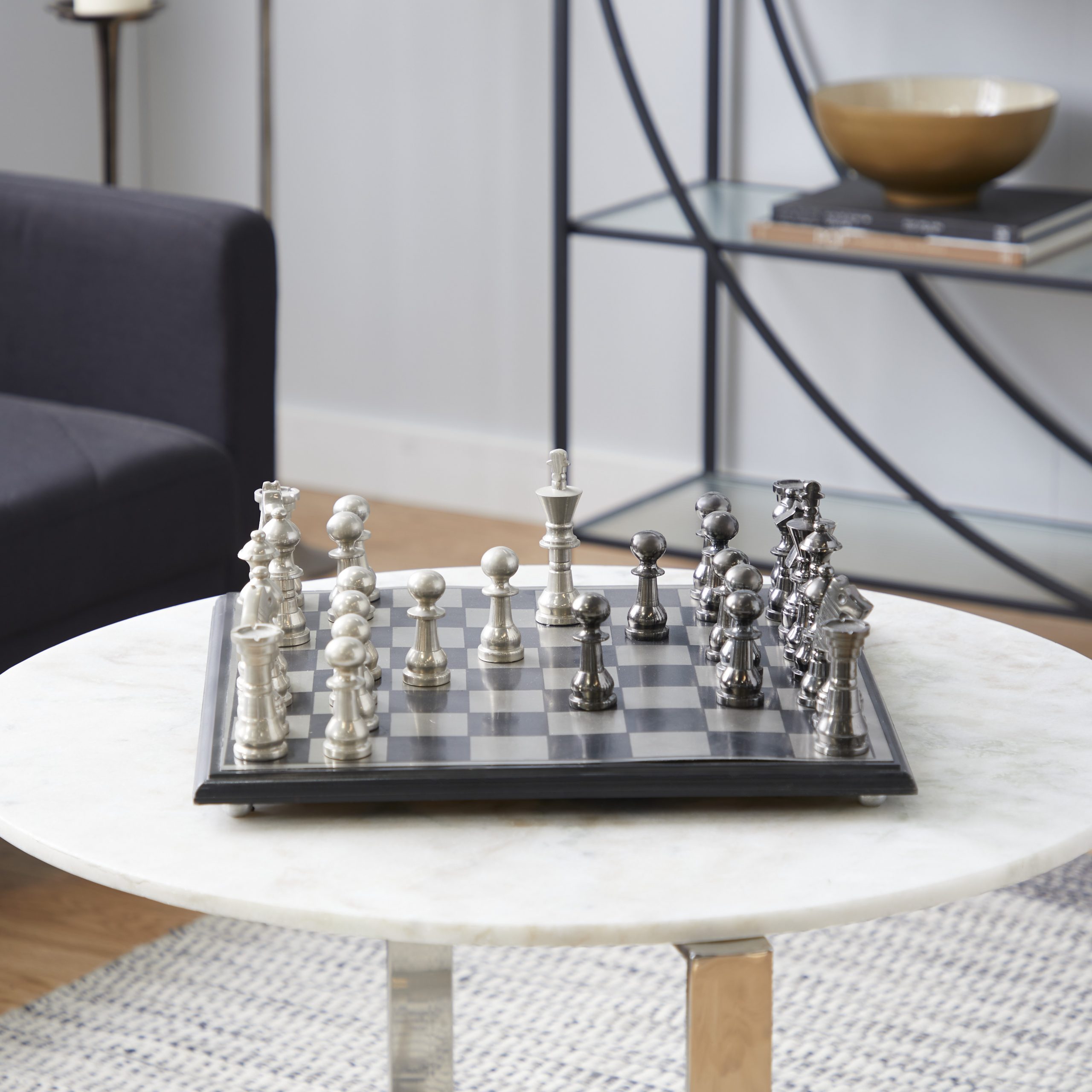 Silver Aluminum Wood Chess Set, 17"L x 17"W x 6"H