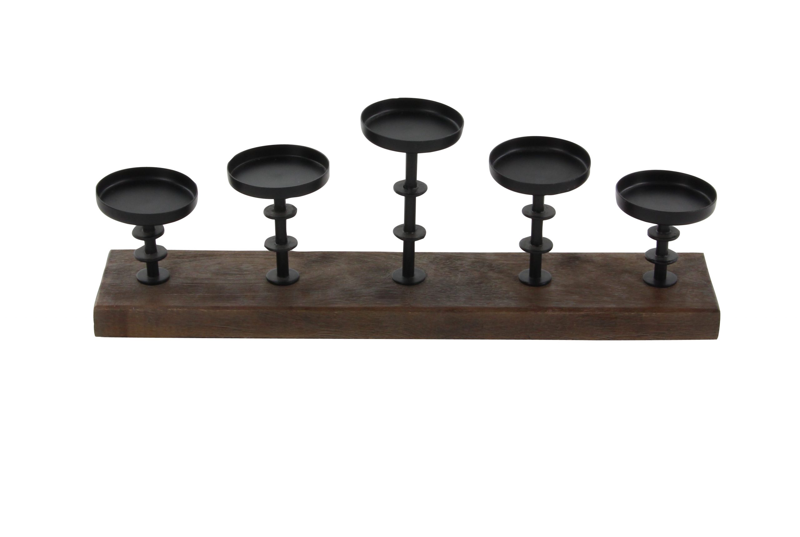 Black And Brown Mango Wood Metal 5 Pillar Candelabra With Wood Base, 24″ x 13″