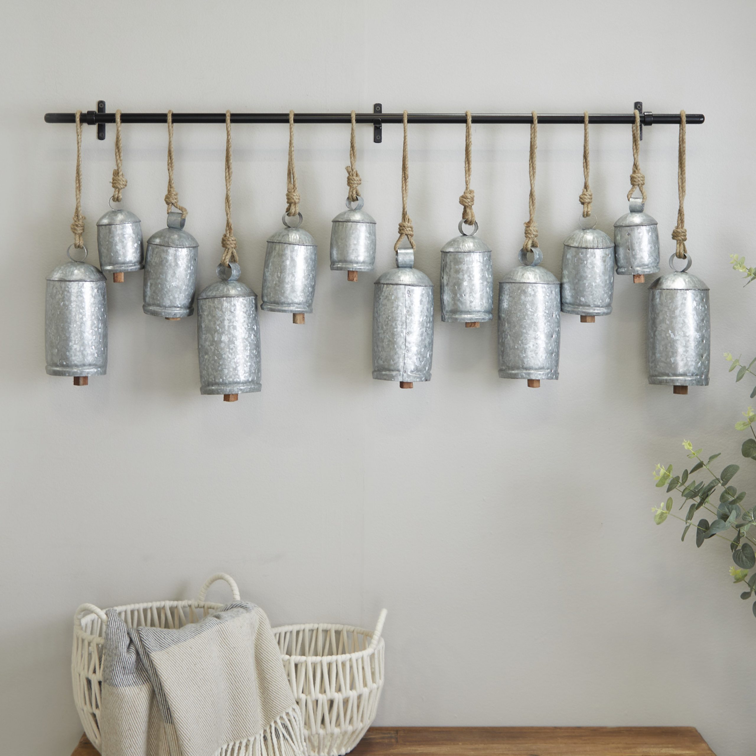 Silver Gray Metal Wall Cow Bell Decor, 48″W x 20″H