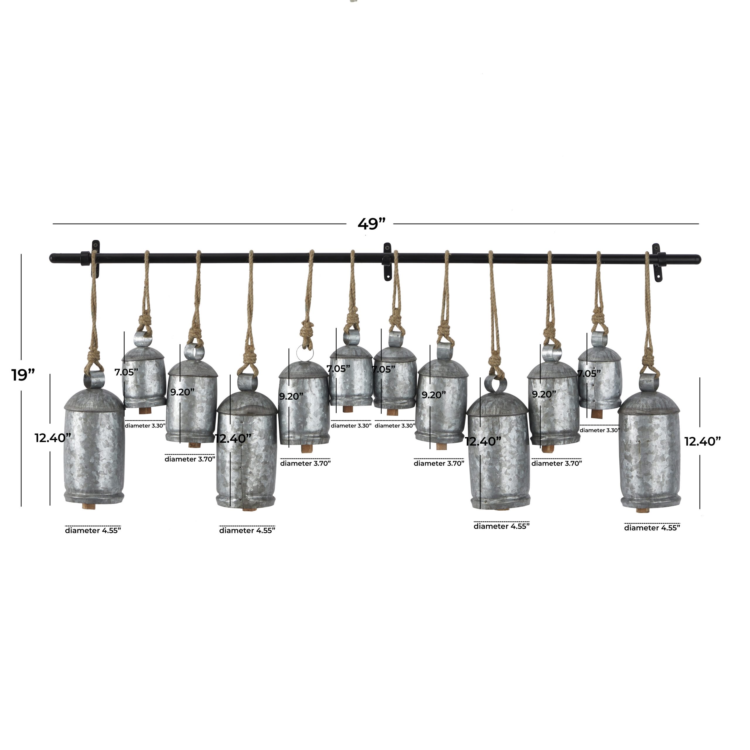Silver Gray Metal Wall Cow Bell Decor, 48″W x 20″H