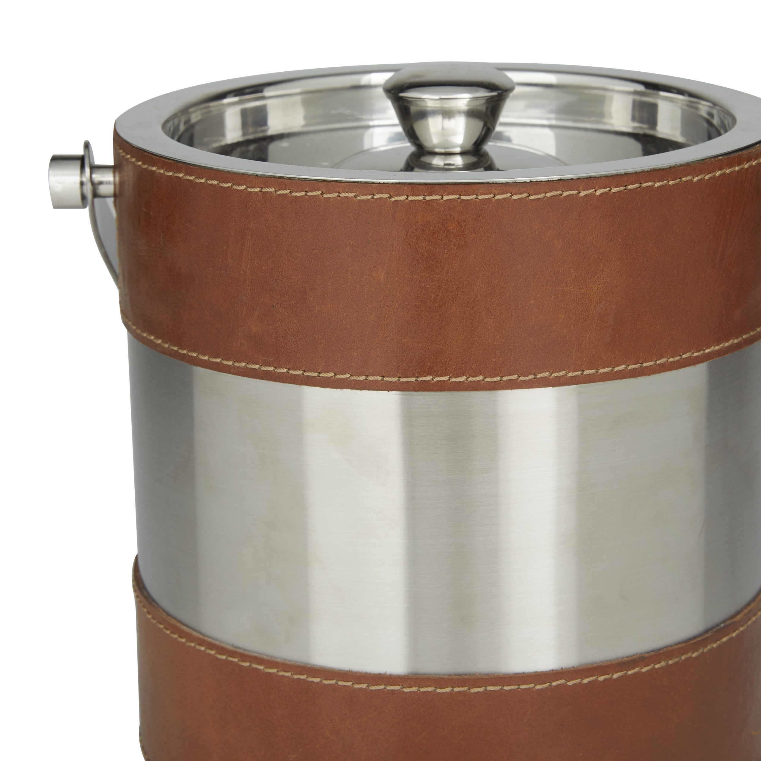 Silver Ice Bucket with Lid and Leather Design, 8″W x 12″H
