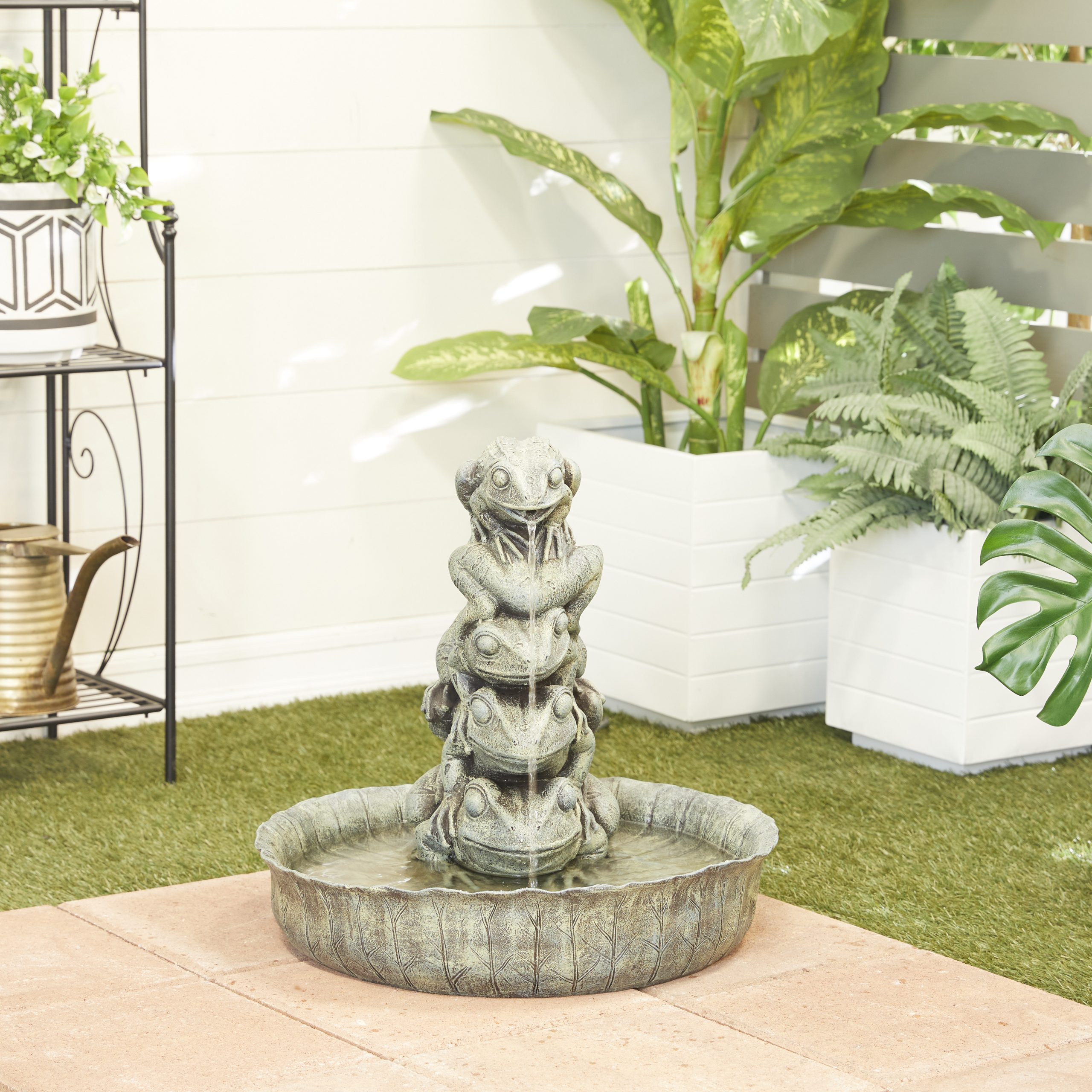 Moss Green Water Fountain Frog Stacked, 19.55"L x 19.35"W x 18.95"H