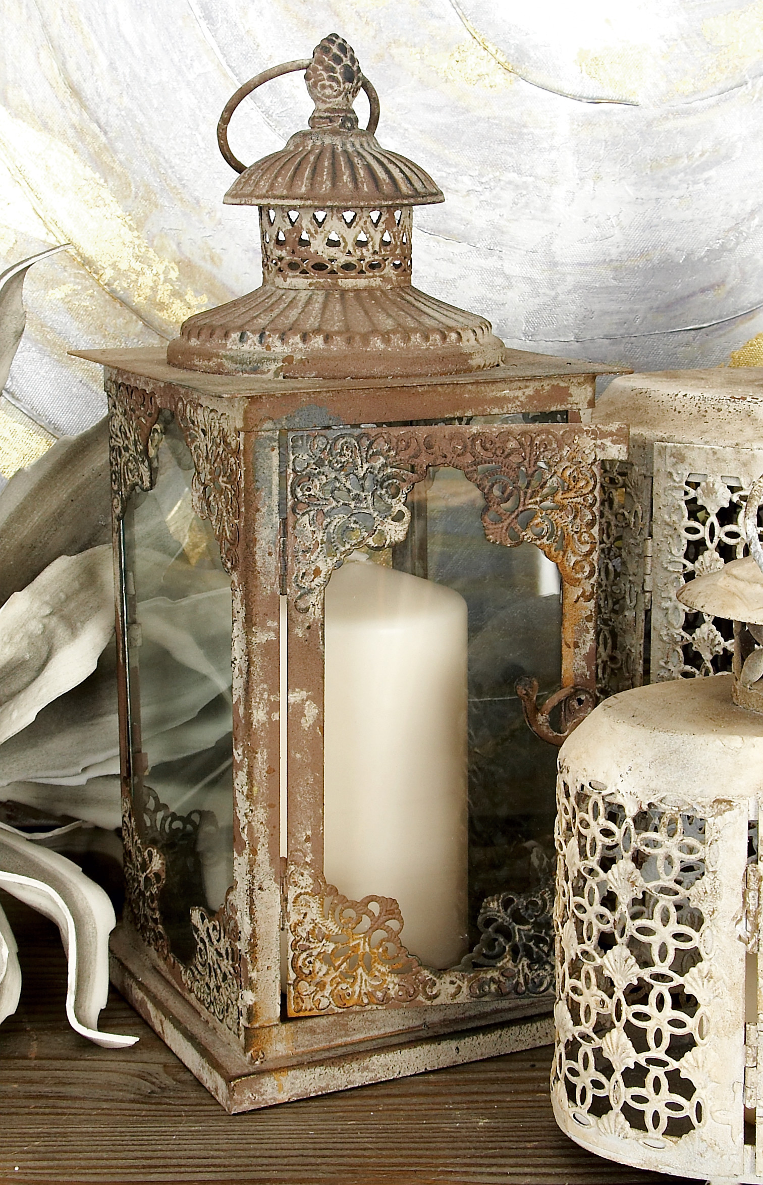 Gray, White And Brown Metal Glass Lantern, 6″ X 13″