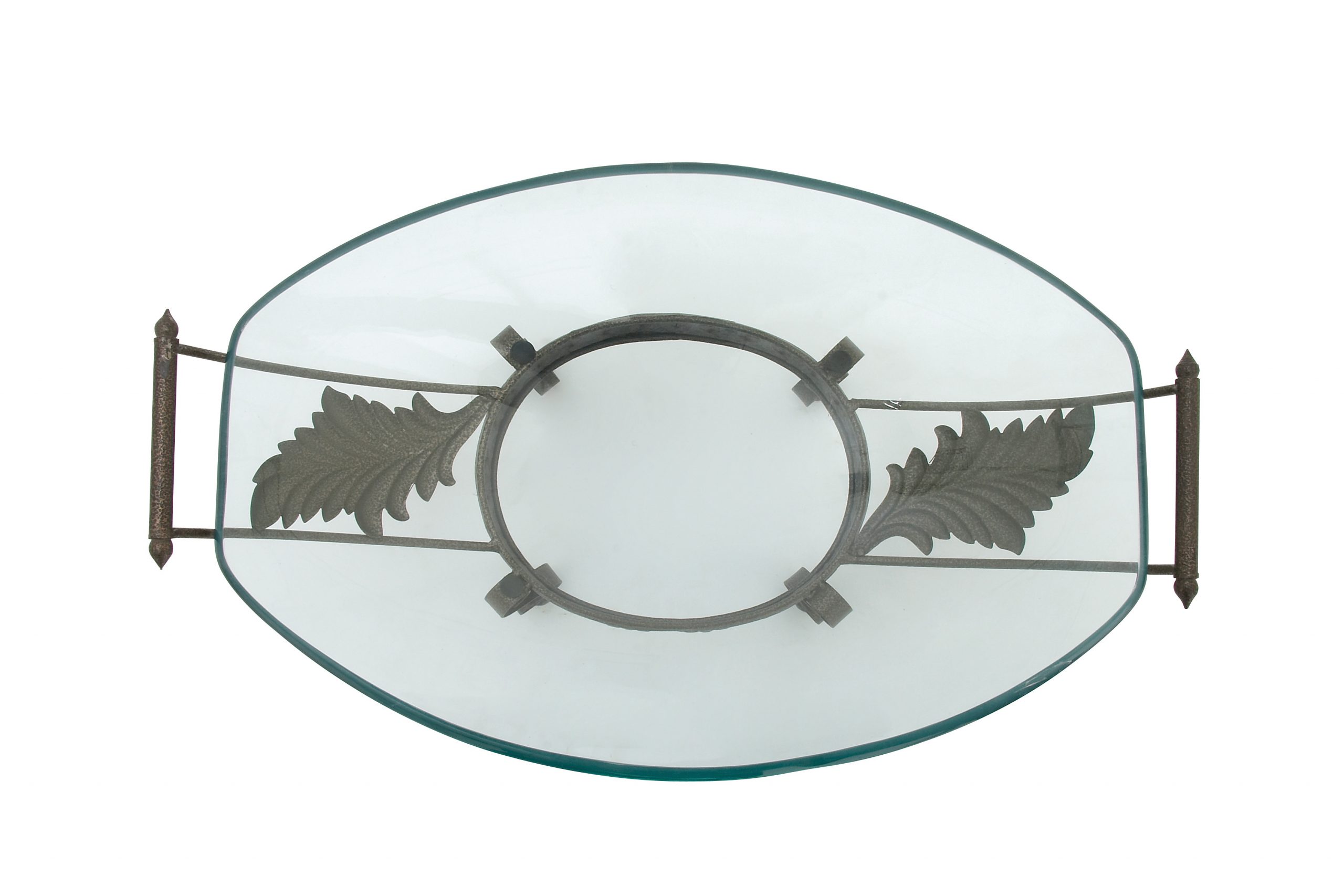 Rust Brown Kitchen Glass Serving Bowl With Metal Scroll Base, 23″ X 14″ X 10″