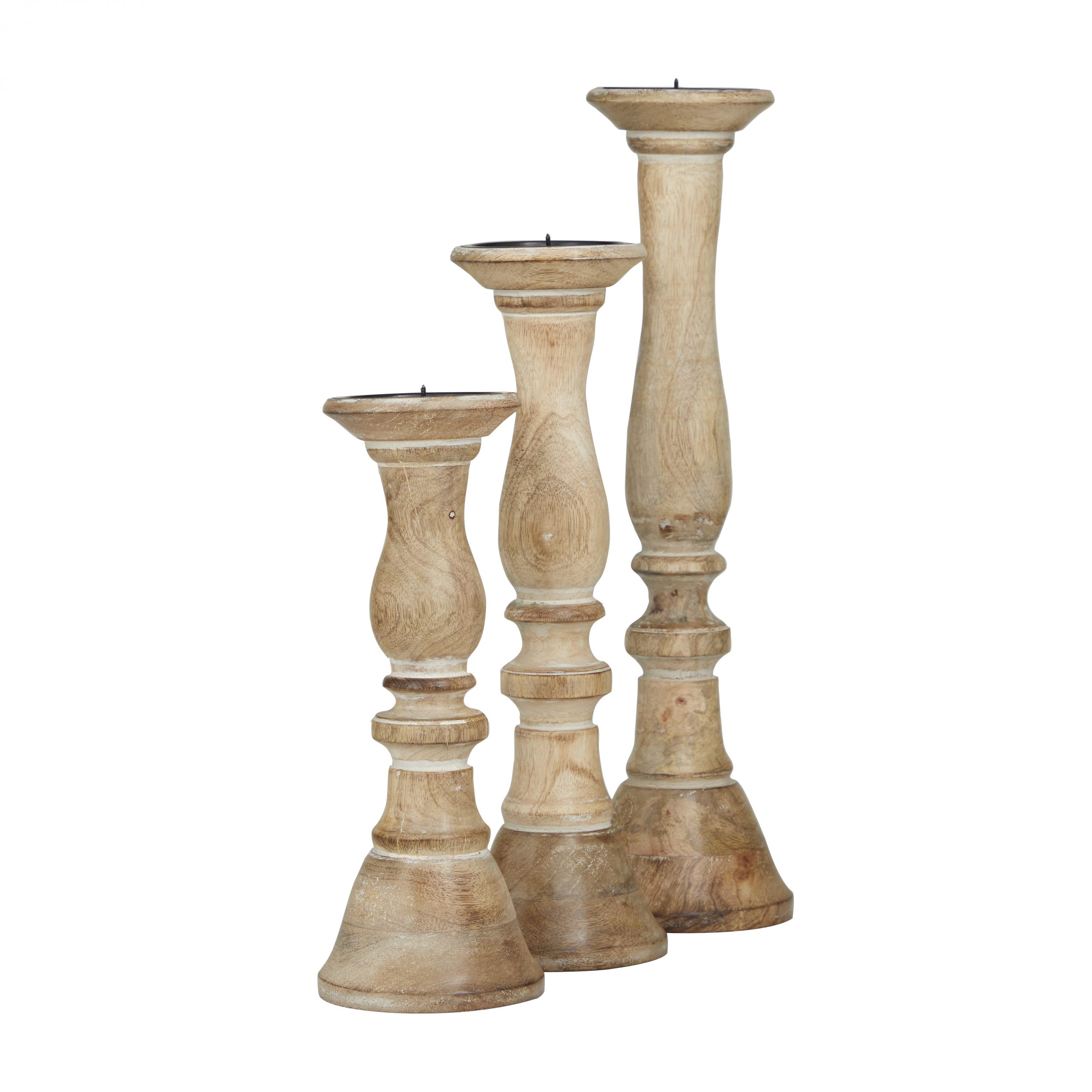 Light Brown Wooden Pillar Candle Holder (Set of 3), 18", 15", 12″