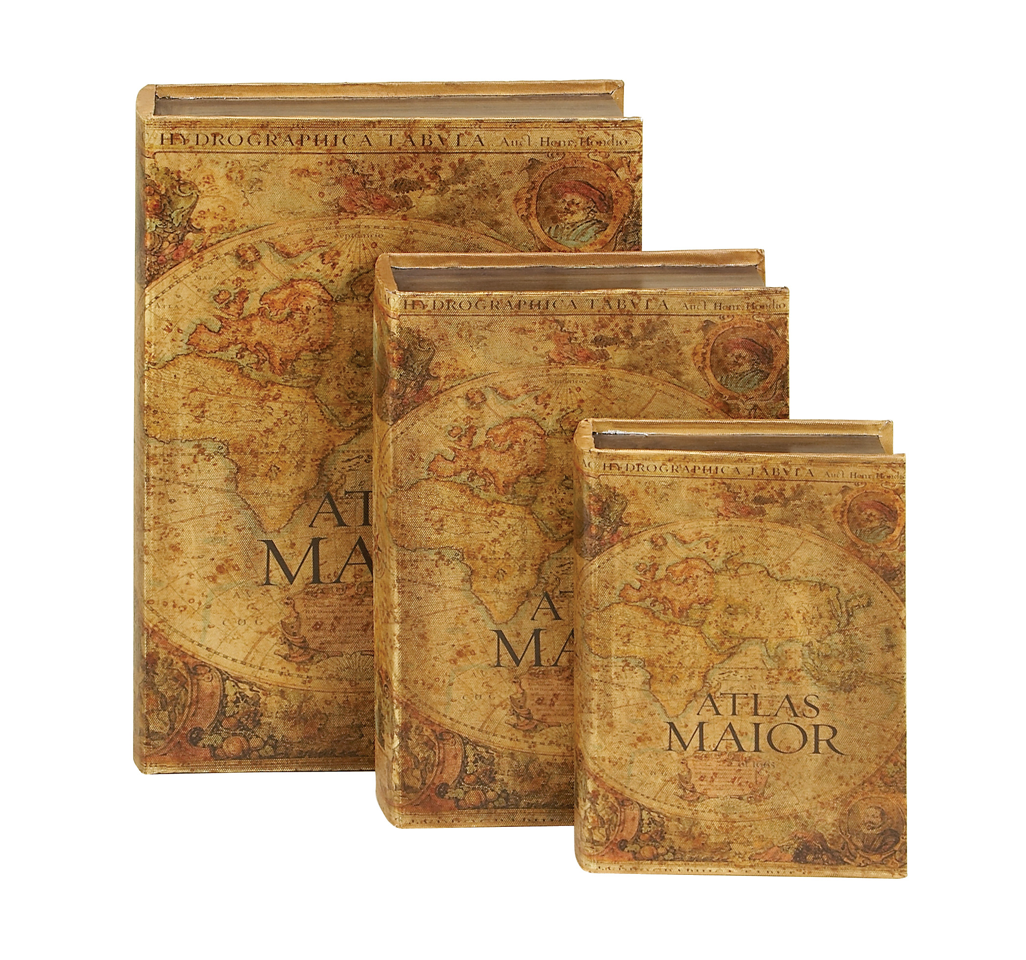Golden Brown Nested Book Box Faux Leather World Map Cover (Set of 3), 15″,12″, 9″