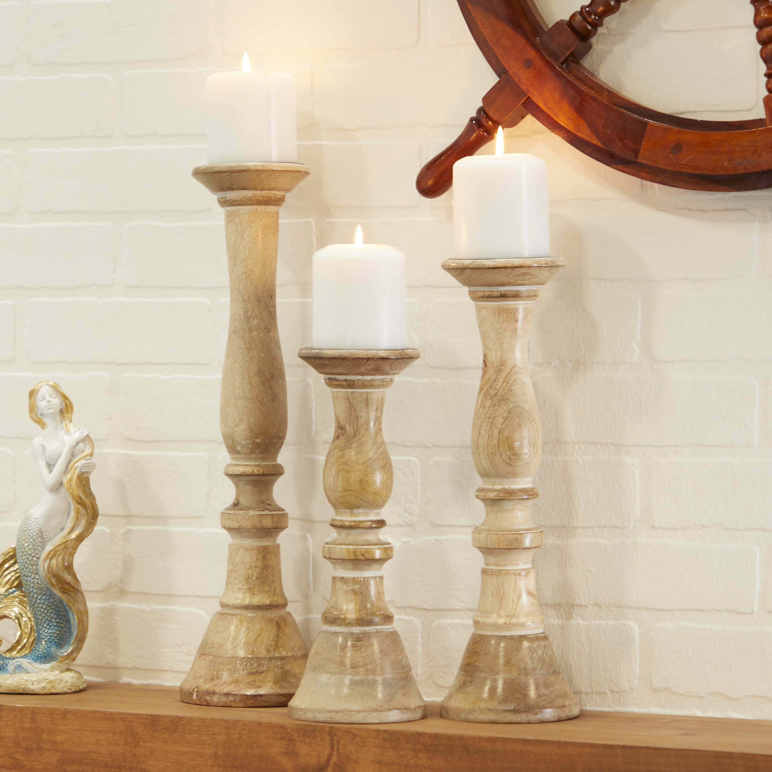 Light Brown Wooden Pillar Candle Holder (Set of 3), 18", 15", 12″